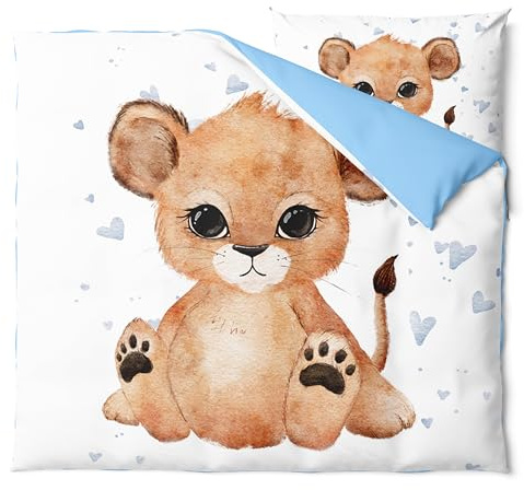 Pictogogo Baby Bettwäsche, Kinderbettwäsche, Babybett Komplett Set Mit Reißverschluss, Blauer Löwe Design, 80x80 cm Bettdecke, 35x40 cm Kissenbezug, Blaue Baumwoll-Unterseite