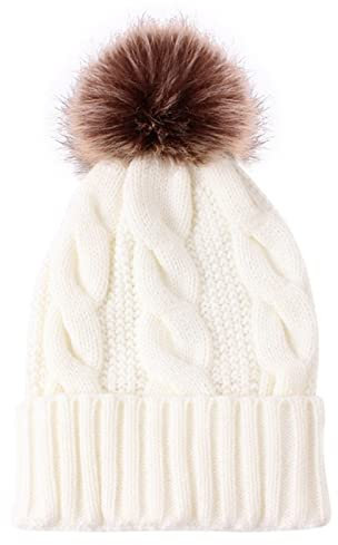 LVUNZJCA Warme Mütze für Damen Winter Damen Strick Plüsch Hut Big Hair Ball Velvet Beanie Caps Wintermütze(Weiß)