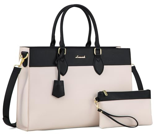 LOVEVOOK Laptoptasche Damen, 15,6 Zoll Handtasche Arbeitstasche Lehrertasche Groß, Wasserdicht Shopper Business Tasche Schultertaschen Aktentasche Umhängetasche Leder Tote Bag für Büro,Schwarz Beige | Schultertasche Wasserdicht PU Leder Shopper Tasche Aktentasche Lehrertasche Umhängetasche für Business Arbeit Uni Schule