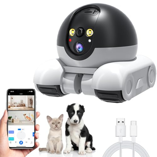 Caméra pour Animaux de Compagnie ,Caméras Mobile D'intérieur 1080P,2 Voies de Communication,Détection de Mouvement,Vision Nocturne,Caméra Mobile sans fil avec Télécommande APP pour Chats et Chiens