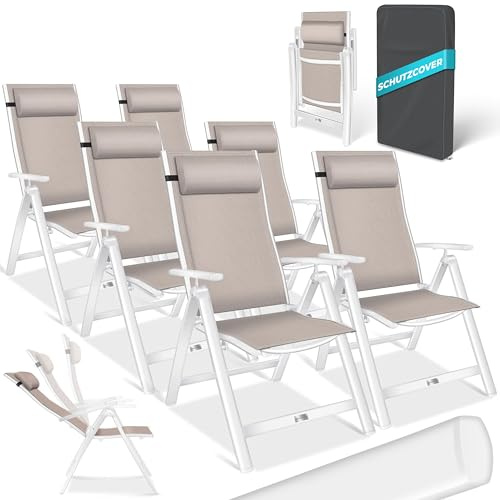 KESSER® Trädgårdsstol högt ryggstöd med armstöd uppsättning om 6 fällstol i aluminium med kudde och skydd campingstol 7-vägs justerbart ryggstöd andas väderbeständig vikbar halkfri, brungrå