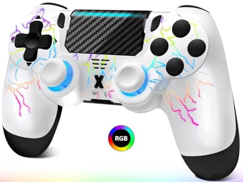 RUIZHI Manette pour P-S4 RGB LED - Contrôleur Sans Fil pour Playstation-4 compatible avec P-S4/Pro/Slim/PC, Double Vibration, 6 Axes, 1000mAh Batterie, Câble USB-C [1 Pack, Blanc]