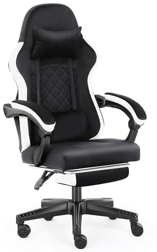 AUNEK Sedia Gaming Ergonomica con Poggiapiedi, Schienale Reclinabile fino a 140°, Sedia Girevole da Ufficio con Supporto Lombare e Poggiatesta, Altezza Regolabile, Tessuto Flanella Grigio (Nero)