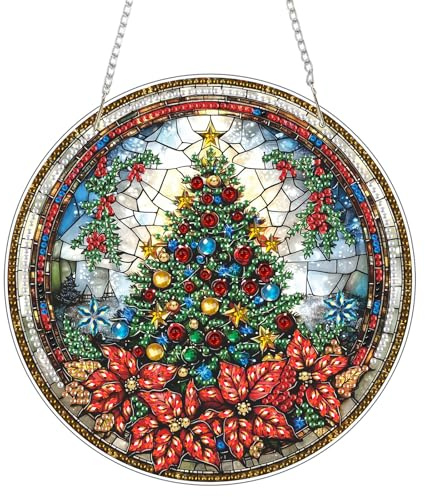 AIRDEA DIY Christmas Tree Diamond Art Ornament Kit for Adults, Double-Sided Christmas Diamond Painting Hanging Kit, DIY Acrylic Special Shaped Drills Hanging Suncatcher for Garden Door Decor 8x8 inch
