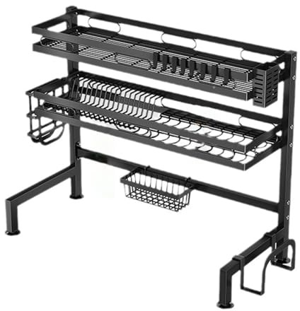 Yopption Over Sink Dish Rack 3 Tier, Adjustable Dish Drying Rack Over The Sink with Utensil Holder, Rust Proof Kitchen Sink Organizer Shelf for Small Kitchen Storage, Bowls, Cutting Board, Black