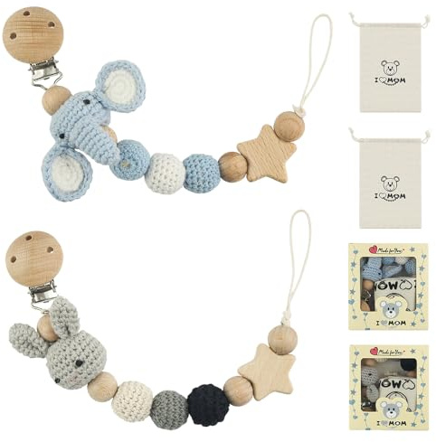 Weciau Bibs - Catenella per ciuccio, realizzata a mano, in legno, senza BPA, durevole, con confezione regalo (elefante coniglio)