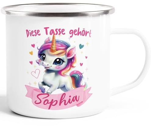 SpecialMe® Kinder-Tasse Emaille personalisiert mit Namen und Einhorn Aufdruck Namenstasse individuelle Geschenke Mädchen Weiss-silber standard