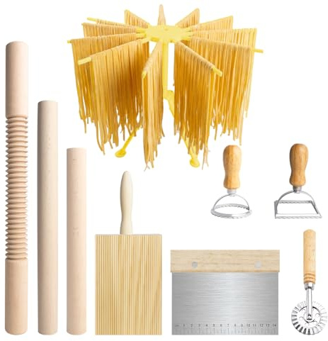 Pasta Making Tools, 9 Piece Wood Pasta Making Kit with 3 Rolling Pins, 1 Pasta Drying Rack, 1 Gnocchi Board, 1 Dough Cutter, 1 Ravioli Cutter, 2 Pasta Stamps, Ravioli Pasta Cutter Set for Pasta Maker
