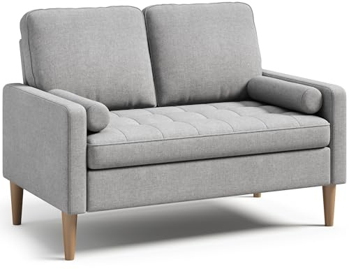 Blishom Sofa 2 Sitzer, Couch 2 Sitzer, Kleines Couch mit 2 Wurfkissen, Mini Sofa mit Armlehne, für Wohnzimmer, Schlafzimmer, Wohnung, Büro, 121 x 77 x 87cm, Hellgrau