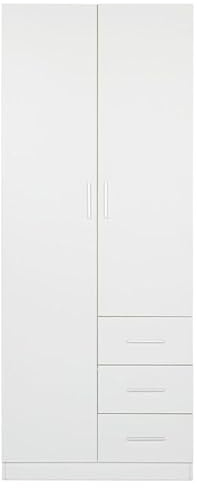 Buyqualia Armario ropero Blanco 200x80x58 cm con 2 Puertas y 3 cajones – Diseño Moderno y Funcional