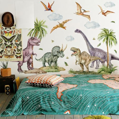WandSticker4U®- [Aquafarben] Wandtattoo DINOSAURIER Kinderzimmer (86x94 cm) I Wandsticker Dino Dschungel Tiere T-Rex Palme Baum I Wandaufkleber Kinderzimmer Deko Junge Mädchen Babyzimmer