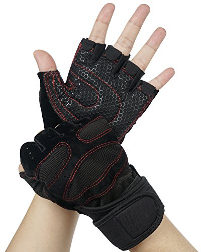 Vsllcau Fitness Handschuhe Trainingshandschuhe Halbfinger mit Handgelenkstütze für Hanteltraining, Klimmzüge, Gewichtheben, Fahrrad Fahren, Bergsteigen usw. (Schwarz-Rot)