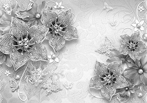 wandmotiv24 Fototapete Grau Orchidee Diamant, XXL 400 x 280 cm - 8 Teile, Wanddeko, Wandbild, Wandtapete, Metallic, Schmetterlinge Blumen M1317
