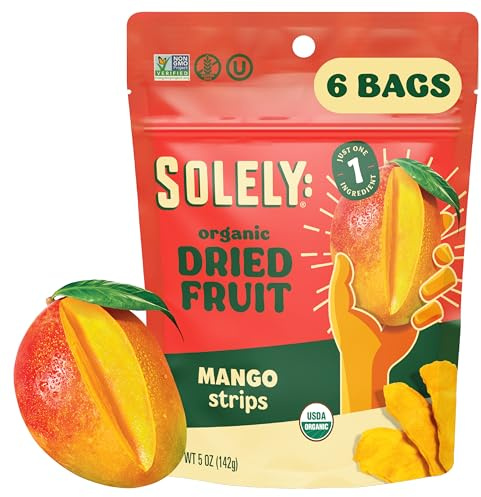 SOLELY - Organic Dried Mango Strips (5 oz Resealable Bags, Pack of 6) - Real Fresh Fruit - 1 Ingredient - Healthy Snacks for Adults & Kids - Non GMO, Vegan Snacks, Shelf Stable - 6 Bags (30 oz)