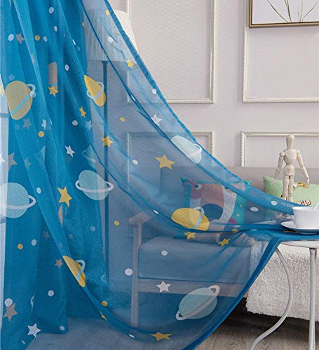 Lsimeru Vorhang Durchsichtig Kinderzimmer Junge Ösen Sterne Planet Muster Blau Voile Vorhänge Transparent Kinder Ösenschal für Babyzimmer Wohnzimmer 175x140