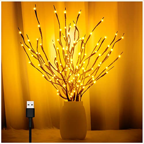 3PK 60 Led Branches, Twig Lights for Vase, Willow Branches with USB Plug, Artificial Tree DIY Decorative Lights for Holidays, Warm White