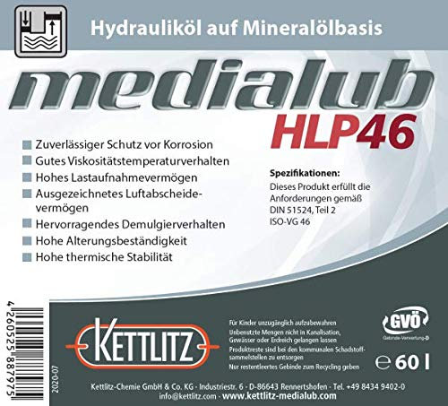 60 Liter Mineralisches Hydrauliköl KETTLITZ-Medialub HLP 46 Hydrauliköl auf Mineralölbasis