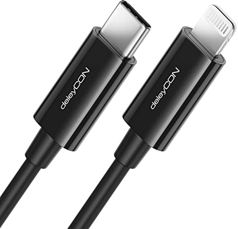 deleyCON 0,5m USB-C a Lightning 8 Pin Cable de Carga Cable de Datos Cable de Carga Ultrarrápida Certificado MFi para Apple iPhone 14 13 12 11 Pro Max Mini Power Delivery - Negro