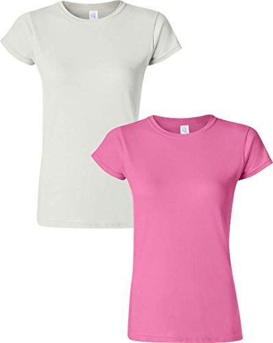 Gildan Women's 64000L Softstyle Cotton T-Shirt, 2-Pack SML-White-Azalea