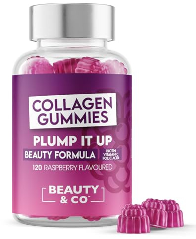 Collagen Gummies - Plump it up Raspberry-120 High Strenght Marine Collagen Gummies 500mg per Serving with Biotin, Vitamin C & Folic Acid from Beauty & Co. (120)