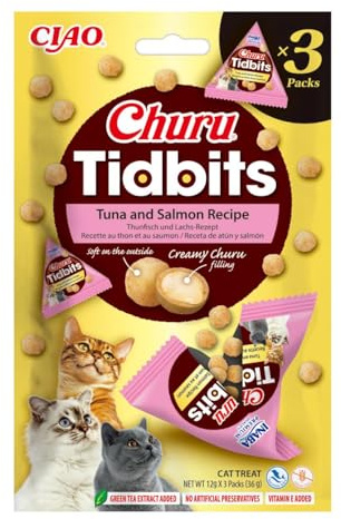 INABA Churu Tidbits Snack für Katzen, Hühnchen mit Thunfisch und Lachs – 3 Packungen x 12 g – weicher Snack mit cremiger Füllung – Katzenfutter ohne Konservierungsstoffe oder künstliche Farbstoffe