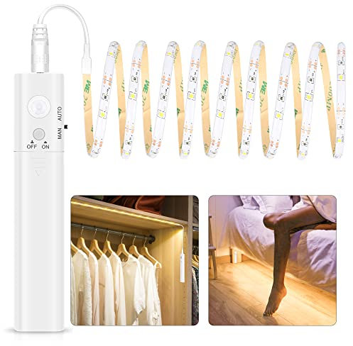 LED Band mit Bewegungsmelder - 2m LED Strip Batteriebetrieben LED Streifen, Batteriebetrieben Kleiderschrank Beleuchtung Stripe, 6500K Warmweiß Kleiderschrank Licht Leiste für Schlafzimmer, Treppe