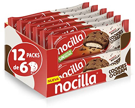 Nocilla, Cookies, Cookies&Cream, Galletas de cacao con gotas de chocolate, rellenas con crema de leche y trocitos de galleta de cacao - 12 Packs de 6 Unidades - 1440g