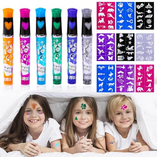 TaimeiMao Tattoo Stifte Kinder,6 Glitzer Tattoo Set Kinder | mit 10 Tattoo Schablonen 100 Muster,Tattoostifte,für Mädchen Fasching Geburtstage Weihnachten Party Verkleiden