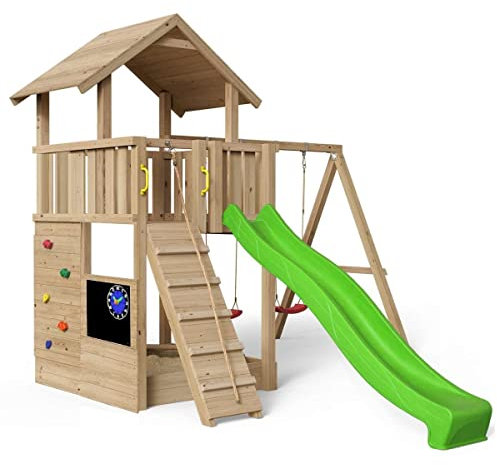 Spielturm Mia 360 - natürlich Lärche - außergewöhnlich - Spielturm mit Holzdach, Kletterwand, Kreidetafel, Rampe mit Seil, Sandkasten, Doppelschaukel und Rutsche apfelgrün