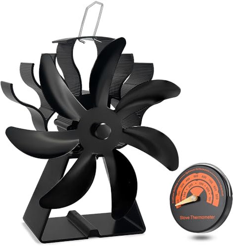 7-Blades Wood Burner Stove Fan with Thermometer, Silent Heat Powered Log Burners Wood Stove Fans, Mini Fire Wood Burner, Small Wood Burning Stove Fan