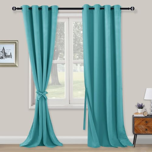 XWZO Blickdichte Vorhänge Verdunklungsvorhänge mit Ösen 2 Stücke Gardienen mit Raffhalter Lichtundurchlässige Vorhänge für Schlafzimmer,WonhzimmerBüro, 245x140 cm, Türkis