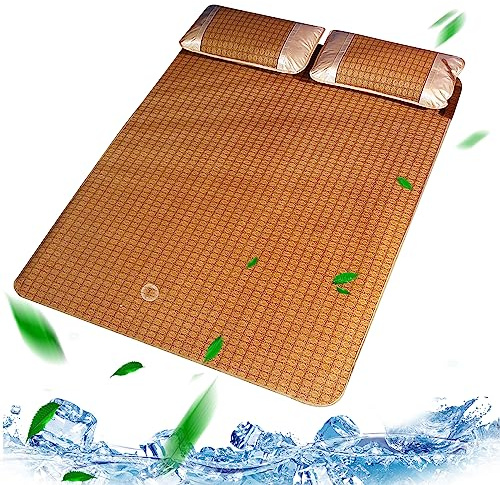 Summer Sleeping Mat,Summer Bamboo Mat Bed,Rattan Mat Bed Foldable Smooth Breathable Absorb Sweat Sleeping Mat Bamboo Summer Bedding Cool Pad for Home School Dormitory(150*200cm Pillowcase 48*74cm*2)