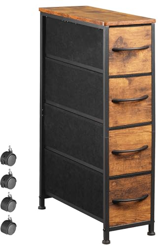 EKNKOZY Narrow Dresser Storage Tower with 4 Drawers, Slim Dresser Chest of Drawers with Steel Frame, Wood Top, Dresser for Bedroom, Bathroom, Small Spaces, Laundry, Closet (Rustic Brown)