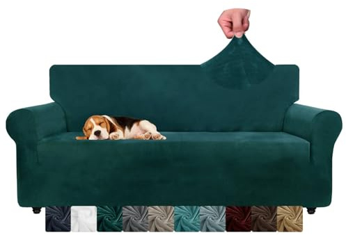 CHELZEN Velvet Couch Covers 3 Seater Thick Stretch Sofa Covers for Dogs Pets Non-Slip Sofa Slipcover Washable Furniture Protector for Living Room (3 Seater, Blackish Green)
