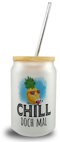 speecheese Ananas Trinkglas mit Bambusdeckel mit Spruch Chill doch mal ein cooles Glas für dein Lieblingsgetränk Motiv coole Sonnenbrille Kinder Sommer relaxen Getränkeglas Esszimmer Dekor
