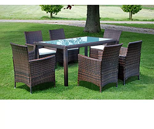 Gaseeto Rattan Essgruppe für 6 Personen Gartenmöbel Set, Garten Sitzgruppe in Braun und Weiß, Rattan Gartenmöbel Set Sitzgarnitur mit Auflagen, Gartengarnitur, Balkonmöbel Set Terrassenmöbel