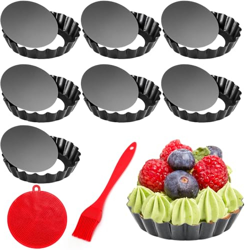 Quyimy 8 Packs 10cmTart Tins Quiche Dish Tart Pans 4 inch Removable Bottom Round Fluted Quiche Tins Non-Stick Round Carbon Steel Individual Pie Dishes with Oil Brush&Silicone Scrubber