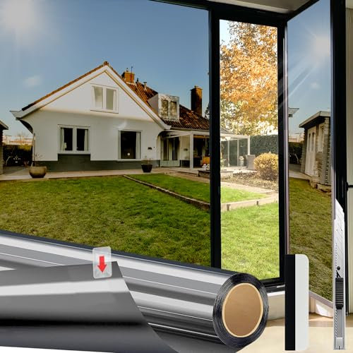 HOMTOL Spiegelfolie Fenster Sichtschutz, 44,5x200cm Sonnenschutzfolie Fenster Innen Mit Plastikschaber, Spiegelfolie Selbstklebend Keine Klebstoffe,Sonnenschutzfolie Fenster Außen,Sonnenschutz Fenster