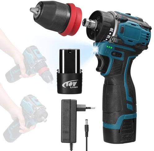 Weytoll Taladro atornillador inalámbrico de 18 V, dos baterías de 1300 mAh, máx. 45 Nm de par de torsión, 23+1 niveles de torsión, 2 velocidades, luz LED de trabajo para reparaciones y bricolaje