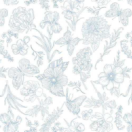 Yomshi Papel tapiz autoadhesivo azul y blanco, 44 x 300 cm, papel tapiz autoadhesivo floral y mariposa, papel de contacto grueso extraíble para sala de estar, baño, muebles de pared