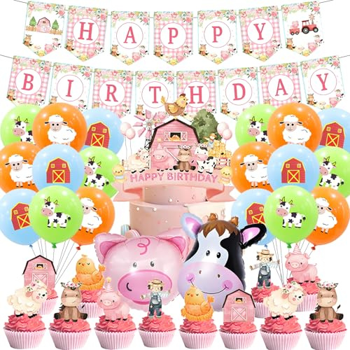 34Stk Rosa Bauernhof Tier Party Dekoration Set, Bauernhof-Thema Kuchen und Banner, Tierballons, Kinderparty Zubehör