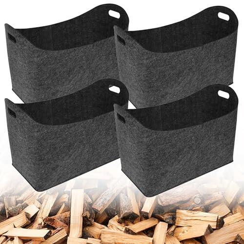 QEENTOE Lot de 4 paniers en feutre pour cheminée, panier à bois de chauffage, rangement intérieur, panier à bûches pliable avec poignée, panier en feutre pour bois, jouets, gris foncé