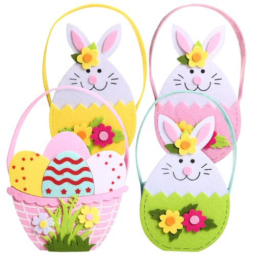 LIHAO 4 PCS Cestini Pasquali in Feltro, Borsa per Coniglietti di Pasqua, Cestino per Uova di Cioccolato e Caramelle, Decorazione Pasquale