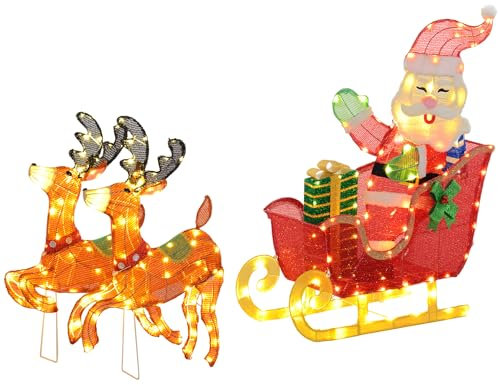 Outsunny 246er LED Weihnachtsdeko in warmweiß Weihnachtsmann mit Rentieren auf Schlitten, Weihnachtsbeleuchtung mit Stahlrahmen, für Indoor, Outdoor, Mehrfarbig