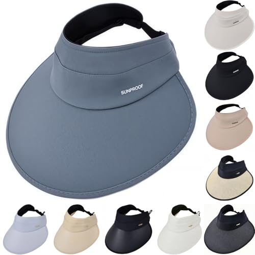 HINGTAT Sombrero de visera para el sol, tamaño de cabeza ajustable de 55 a 60 cm, protección UV con cuerda resistente al viento de 30 cm, sombrero de protección solar de ala grande de vinilo, para