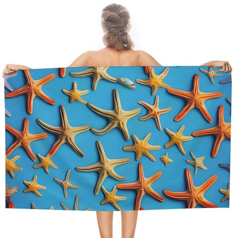 Duschtuch Blauer Hintergrund Mit Vielen Seesternen Mikrofaser Duschtücher Pflegeleicht Badehandtuch Für Männer Picknicks Reise 80X130Cm