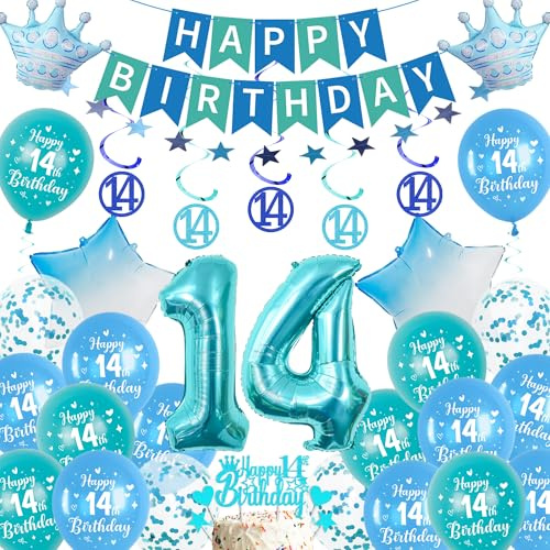 Xietaea Deko 14. Geburtstag Junge Blau - 14 Geburtstagsdeko Luftballons Happy Birthday Girlande Tortendeko, Riesen Zahlenballon und Konfetti für 14 Jahre Party Dekoration Jungen