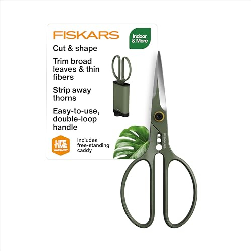 Fiskars Plant Shaping Shears & Holder, Precision Indoor Gardening Snips with Storage Caddy, Forged Stainless Steel Blades for Clean Cuts on Broad Leaves, Ambidextrous Handles & Stem Stripper, 6