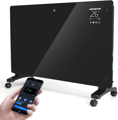 Aigostar 1500W Smart WiFi Convection Panel Heater with APP/Alexa Control | Glass panel design, energy-saving ECO mode, 24H timer, wall mounted or freestanding, child lock, HollySmart