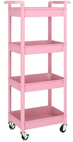 MIOCASA Utility Rolling Cart with Detachable Tray Top, 4-Tier Kitchen Storage Organization, Art Cart with Wheels for Office, Classroom, Livingroom, Kitchen, Bathroom (Pink, 4-Tier-Plastic)